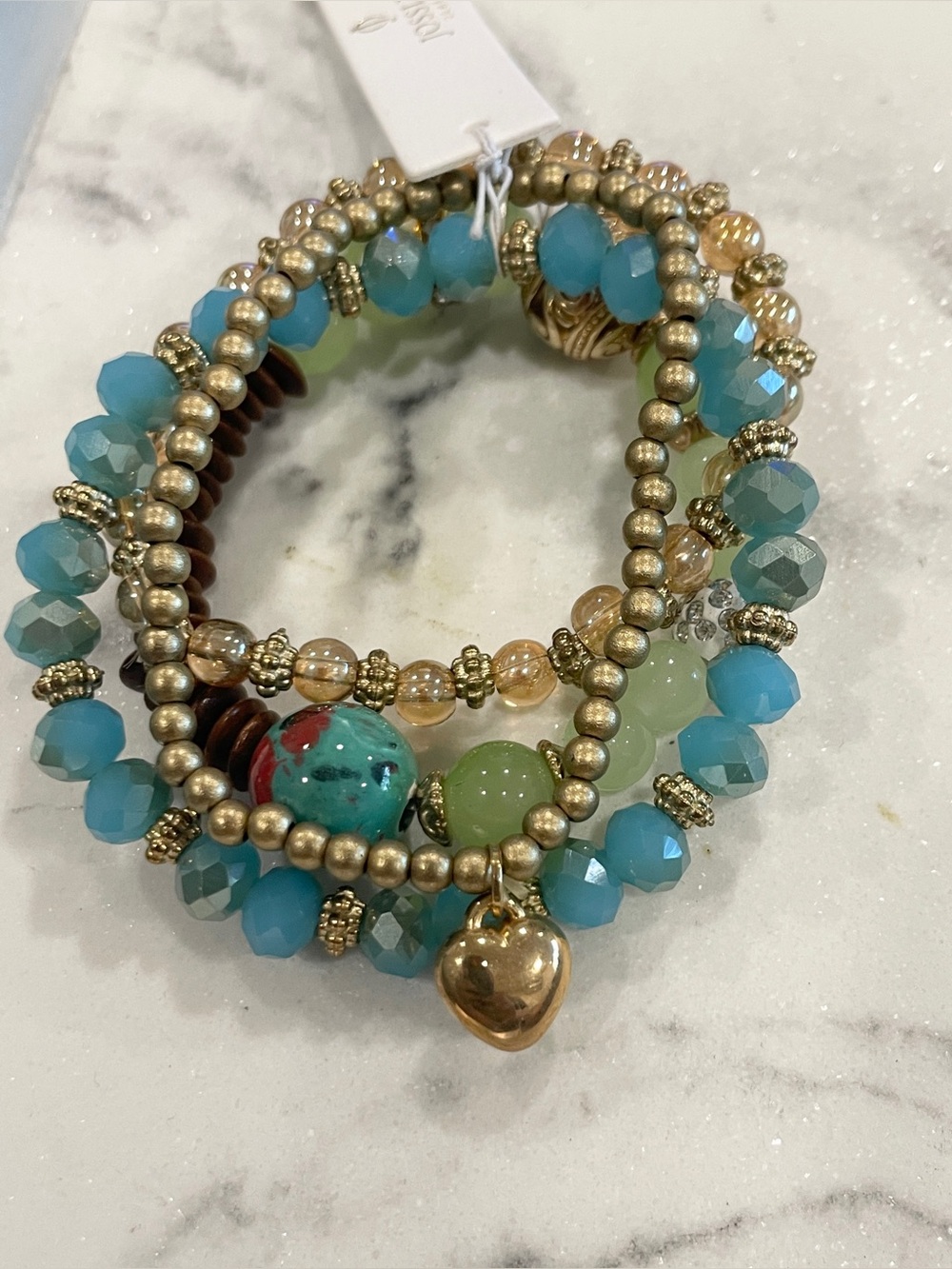 Boho Beaded Bracelet Stack Turquoise Stretch Set Green Gold Heart Charm